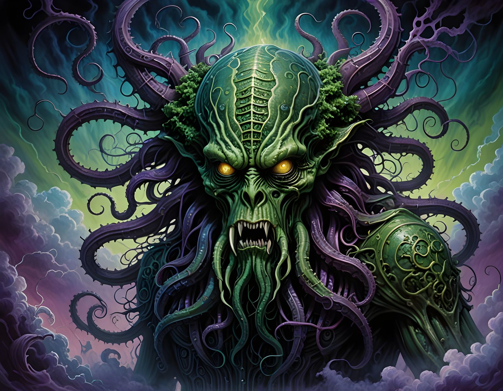 Mysterious Cthulhu Portrait in Vibrant Abstract Style