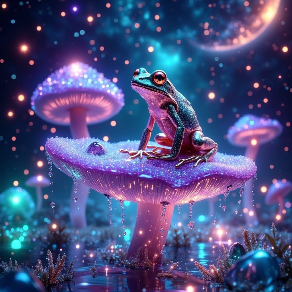 Celestial Frog on Glowing Mushroom Under Cosmic Sky