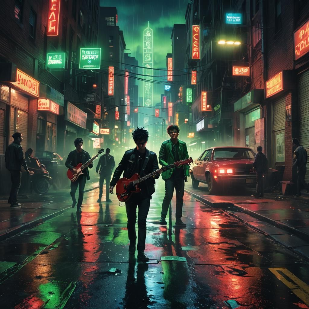 Band Performs on City Street in Mixed Media Collage Style