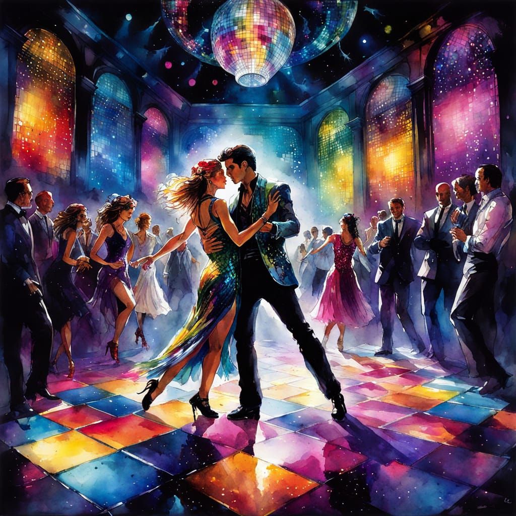 Vibrant Disco Dance Contest Scene in Dreamy Watercolor Style