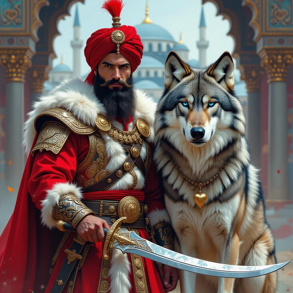 Janissary Warrior and Wolf in Vibrant Street Art Style