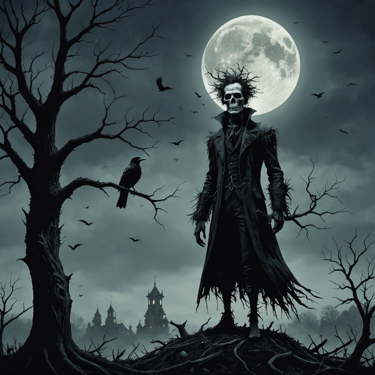 Tree Man Under Moon in Tim Burton Style