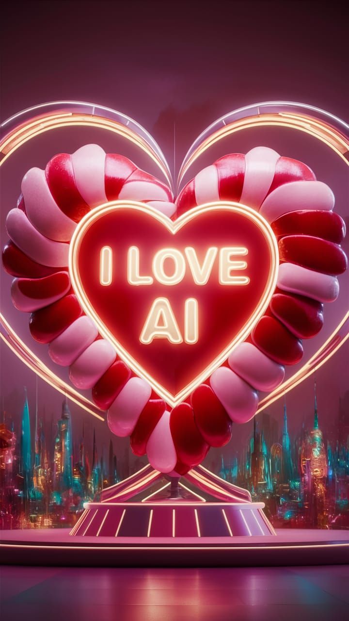 Glowing Candy Heart Sculpture in Futuristic Cityscape