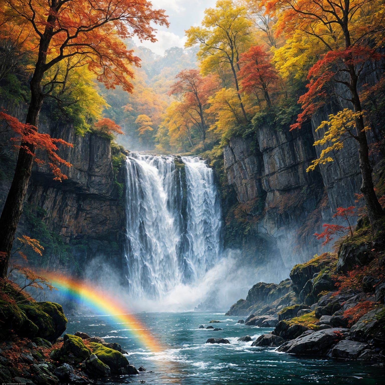 Autumn Waterfall Serenity: Realistic Oil Painting