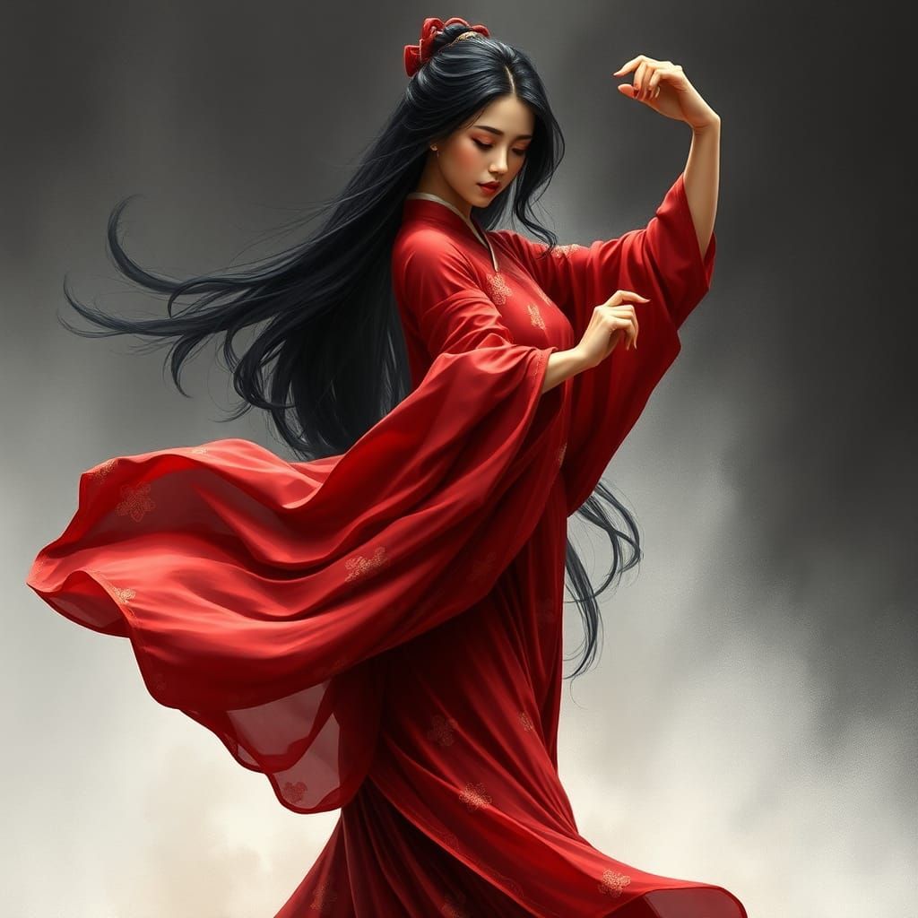 Red Dress Dance: Asian Art Inspired Illustration