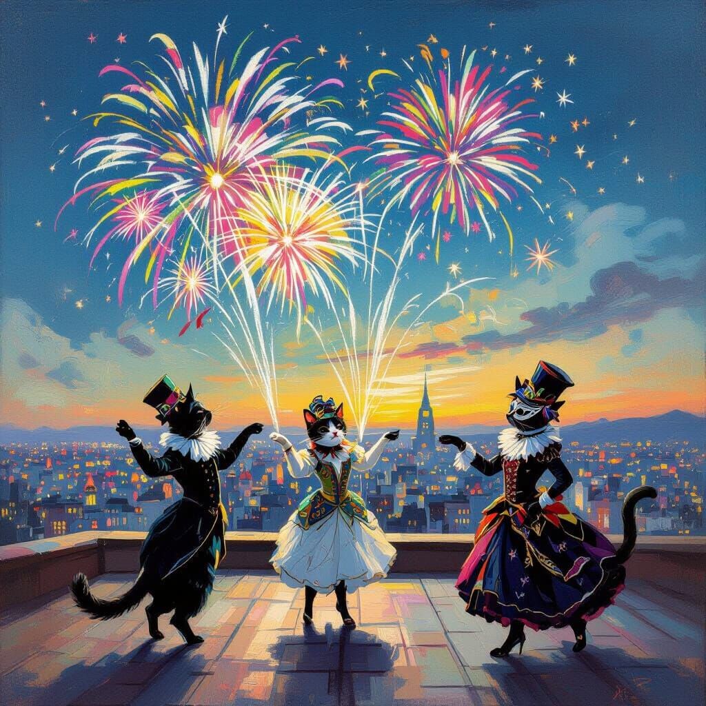Cats Masquerade with Fireworks: A Neo-Impressionistic Celebr...