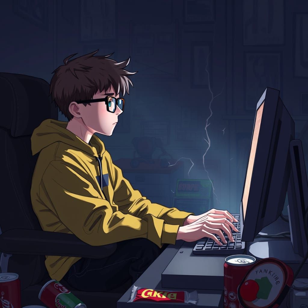 Intense Gamer in Dimly Lit Room