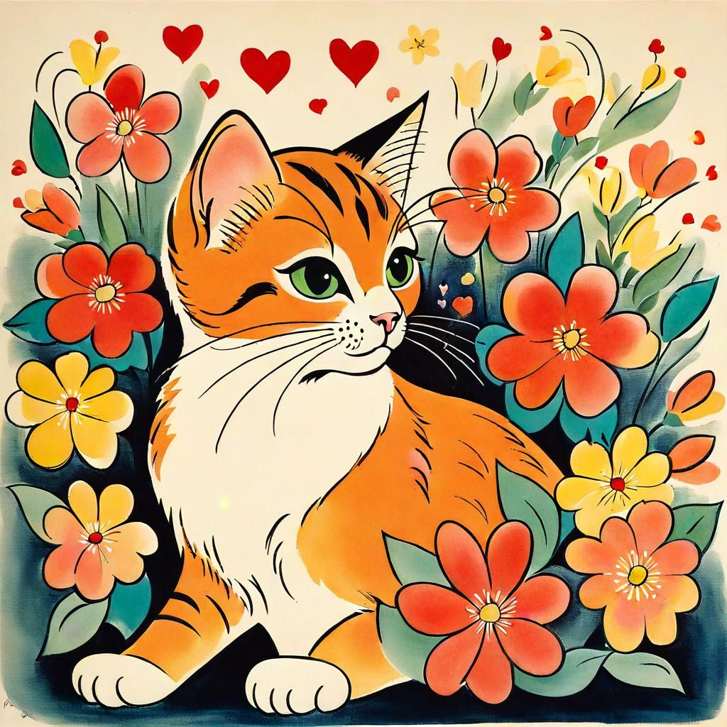 Cute Cat with Flowers in Cartoon Style