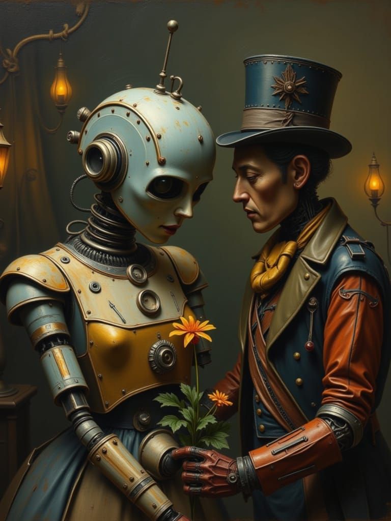 Alice-like Robot and Mad Hatter in Baroque Oil Painting