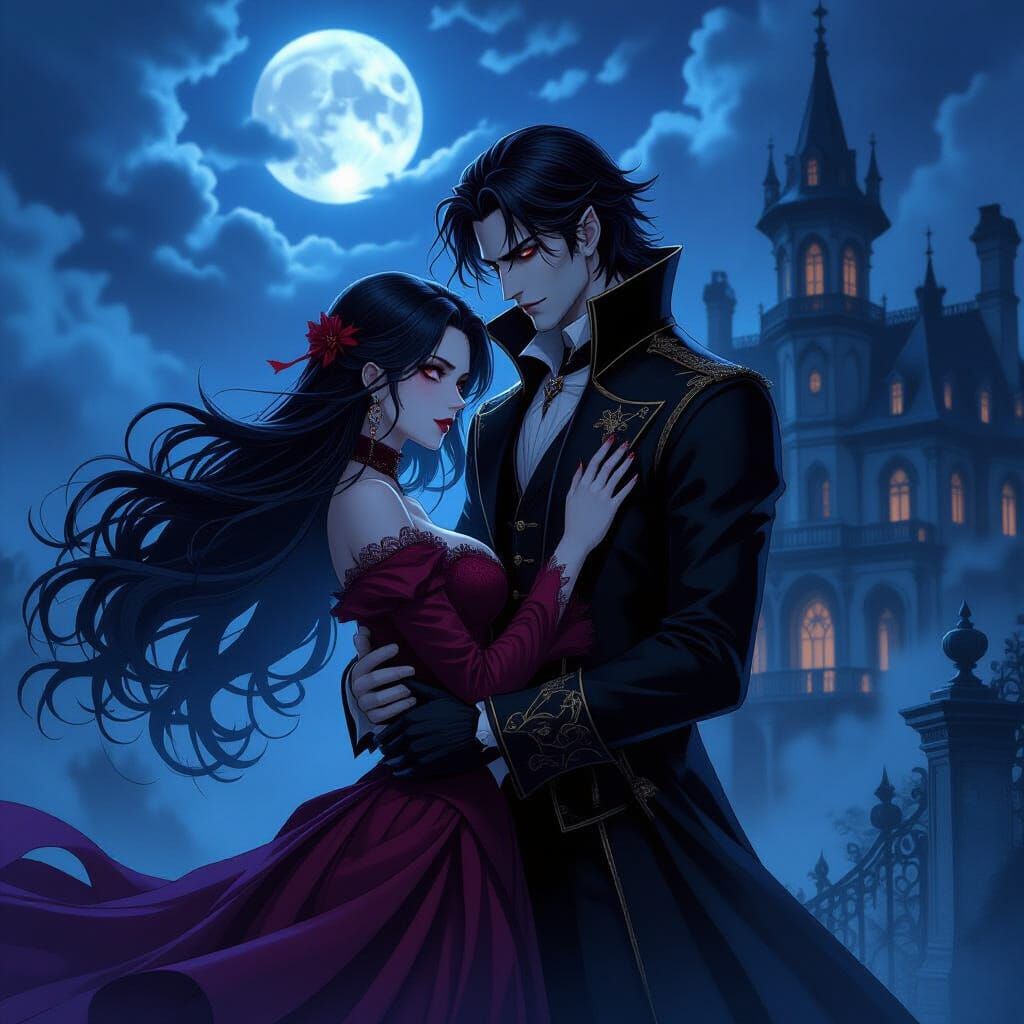 Gothic Vampire Embraces Witch Before Haunted Manor