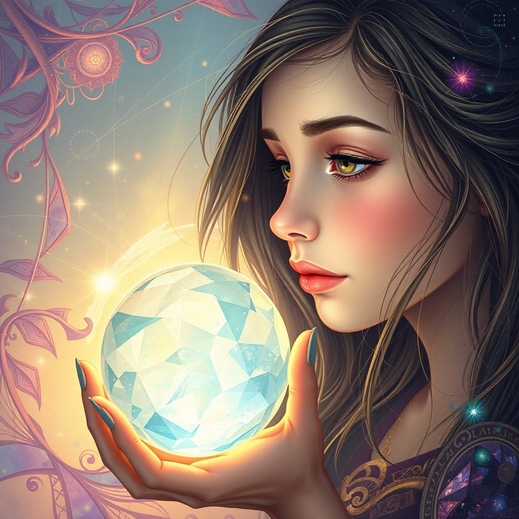 Mystical Woman Sees Herself in Crystal Orb, Surrounded by Et...