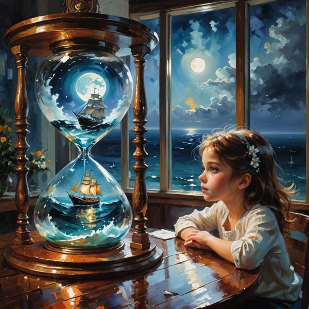 Hourglass Ship Whirlpool: Impasto Painting of Child's Fascin...