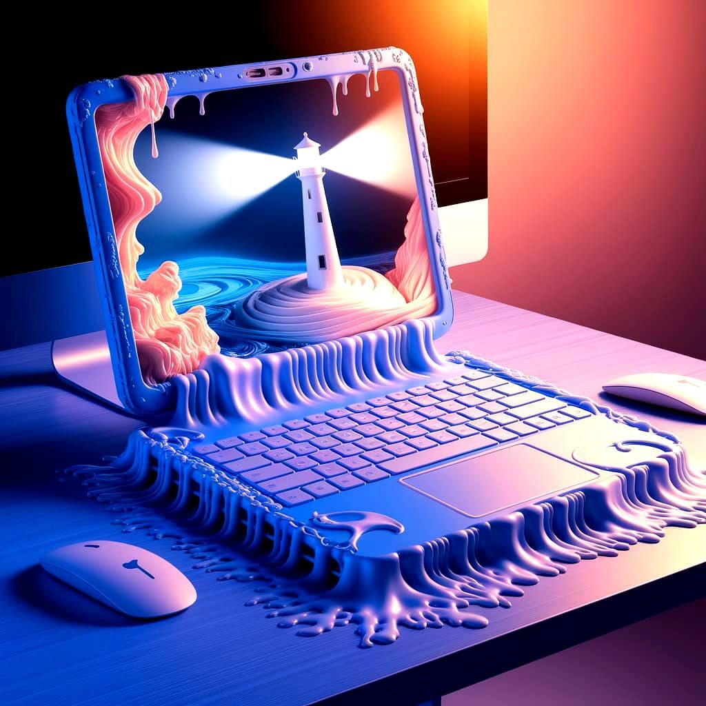 Melting Laptop with Lighthouse in Surrealist Style