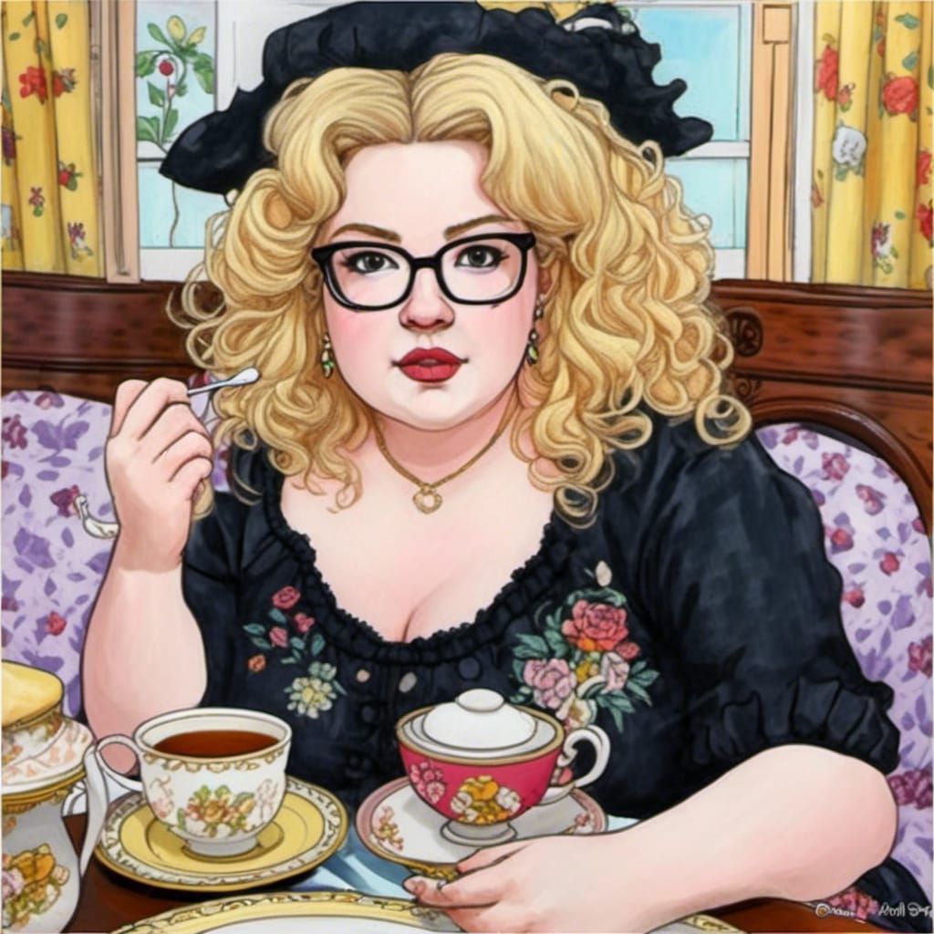 Anime Cartoon Woman at Tea Party in 2D Style