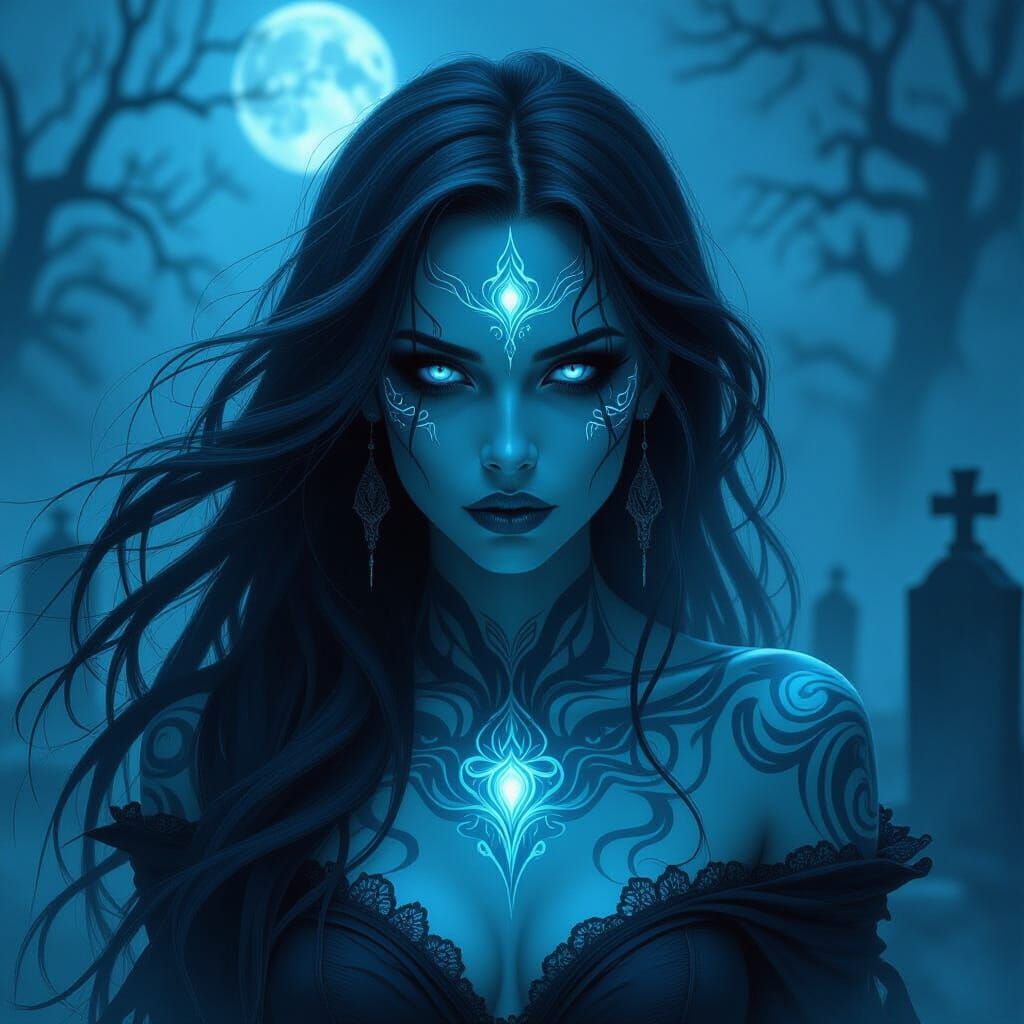Ethereal Banshee with Glowing Tattoos in Misty Graveyard