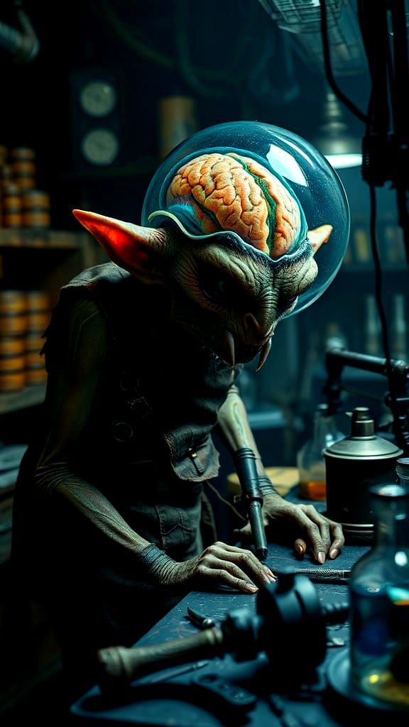 A dnd goblin with a transparent glass head is hunched over a...