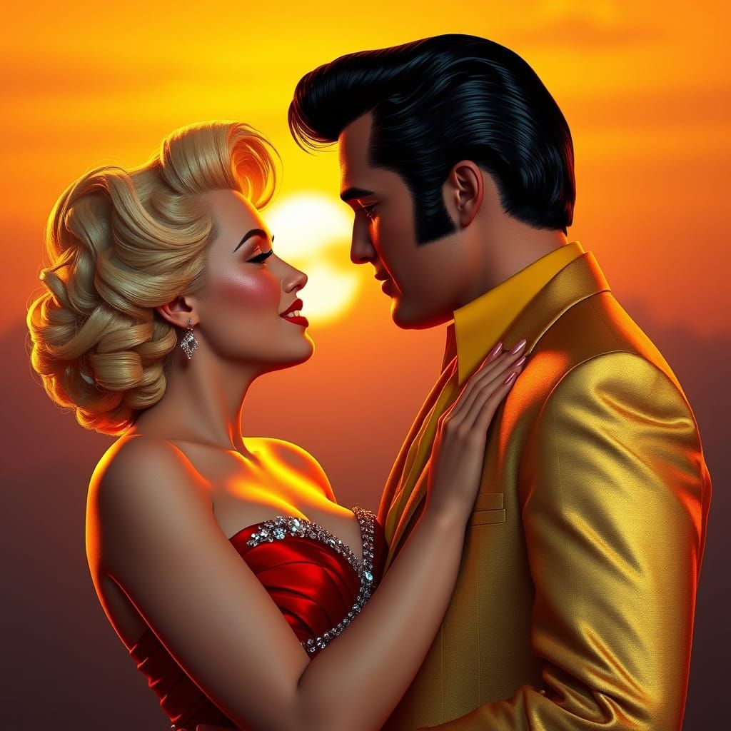 Elvis and Marilyn Monroe in a Golden Sunset Moment