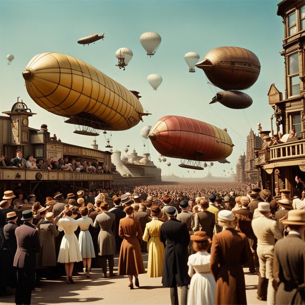 Steampunk Airship Race with Cheering Crowd