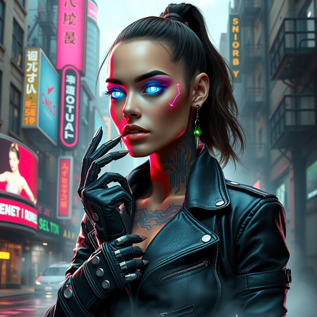 Cyberpunk Goddess with Neon Tattoos and Chrome Implants