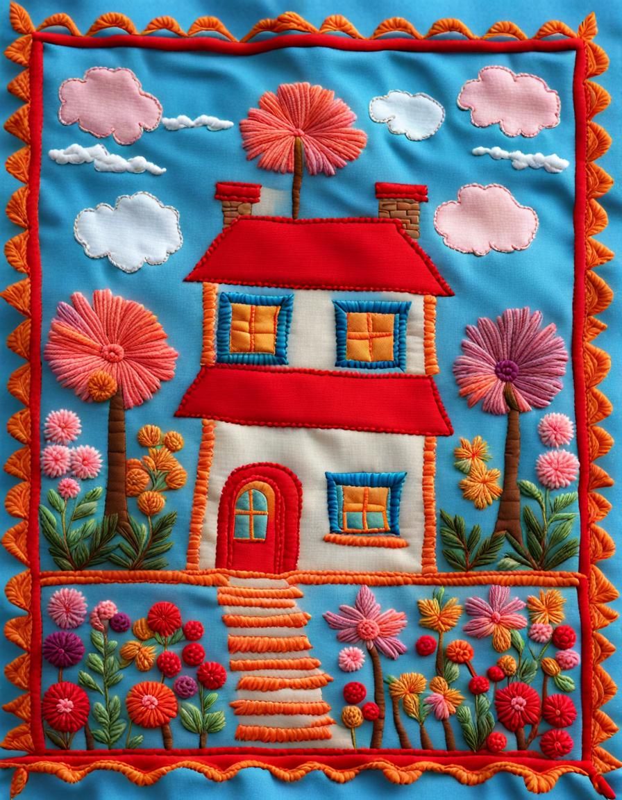 Vibrant Embroidered House Under Imperial Blue Sky