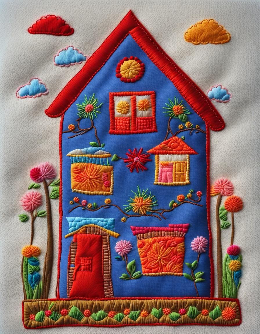 Whimsical Embroidered House under Vibrant Blue Sky