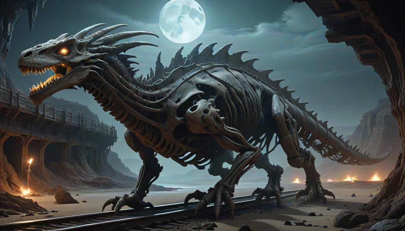 Colossal Skeletal Dragon-Train on Rusted Rails