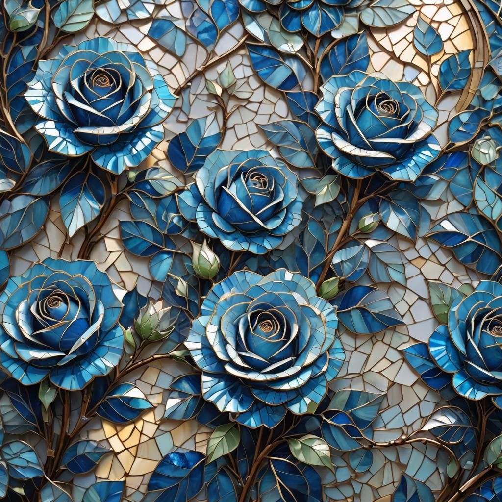 Blue Mosaic Roses in Mystical Forest