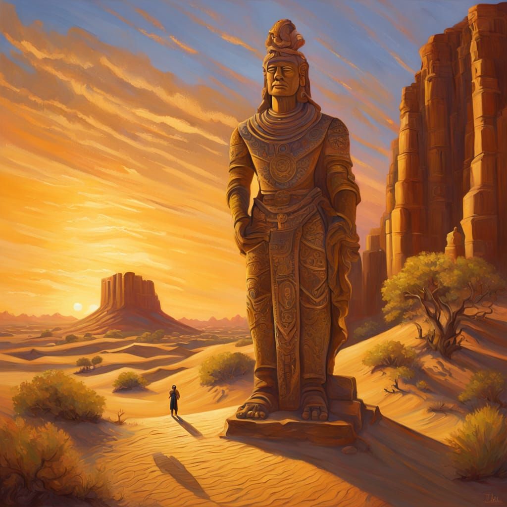 Majestic Desert Statue at Golden Hour Oil Painting