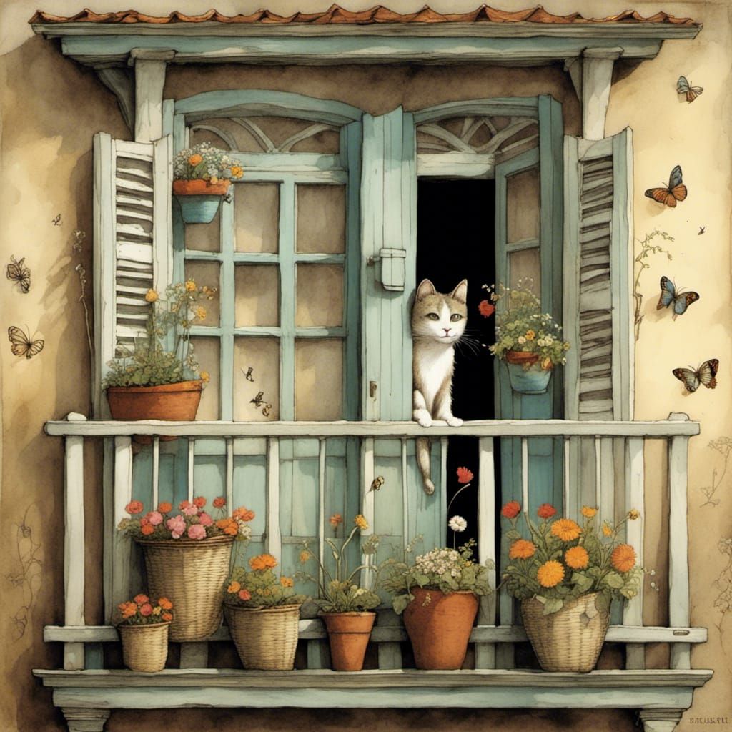 Enchanting Balcony Scene with Cat, Flowers and Birds