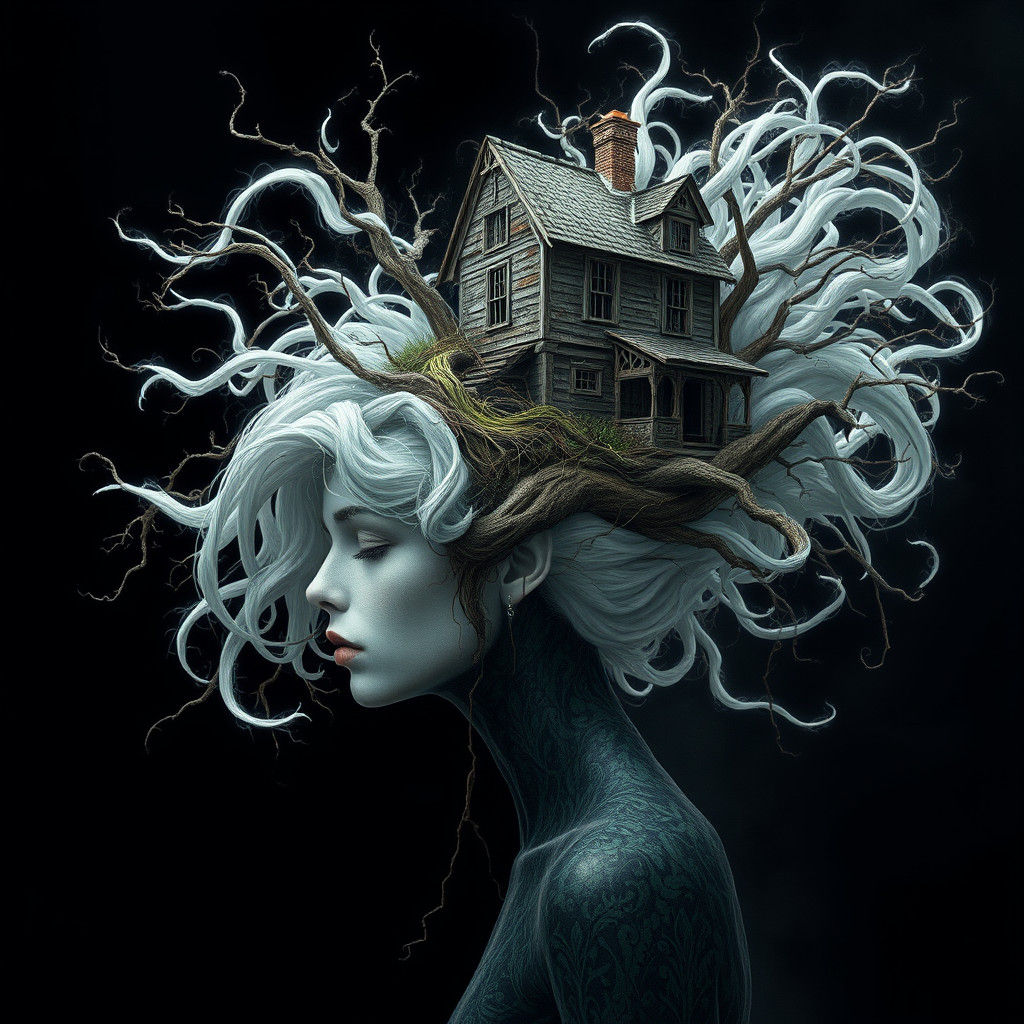 Ethereal Woman Bearing House: Dreamlike Concept Art