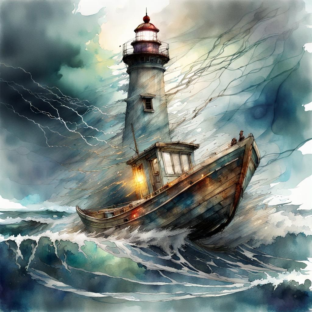 Boat in Stormy Seas: A Watercolor Illustration