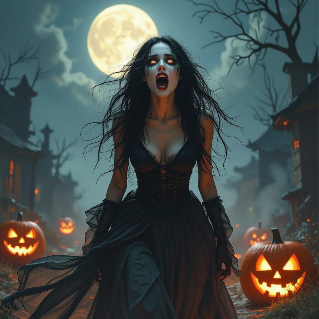 Screaming Banshee Halloween Portrait with Flowing Skirts
