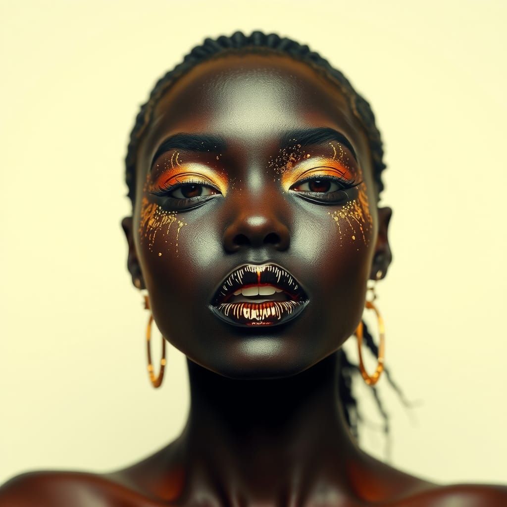 Dark Skinned Model with Gold Shimmer Makeup