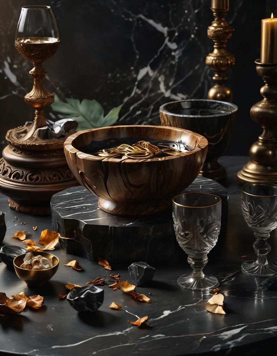 Dark Fantasy Wooden Bowl and Goblets