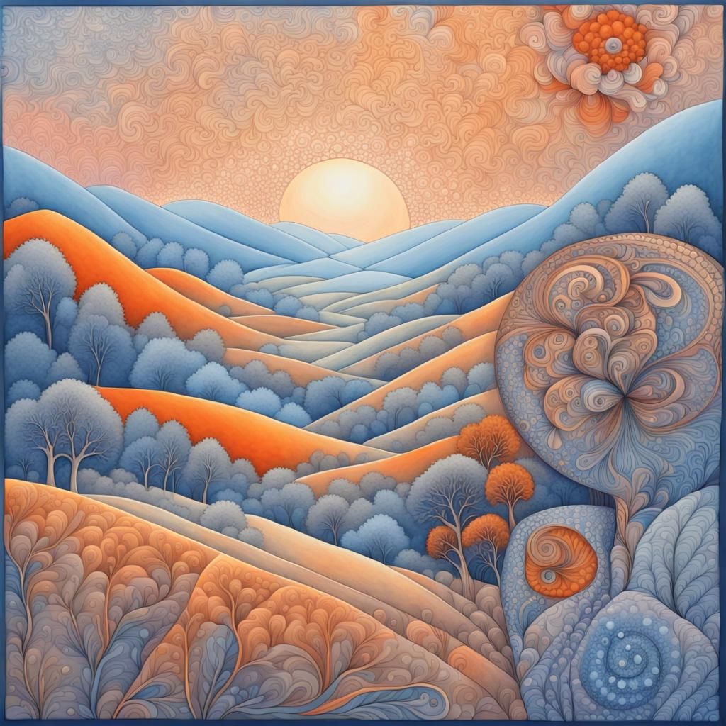 Fractal Zentangle Painting of Misty Sunrise Countryside