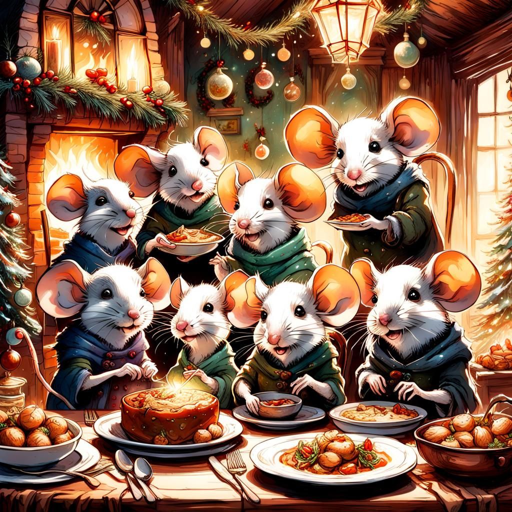 Festive Mouse Family Christmas Dinner