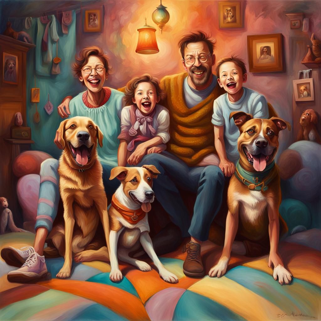 Goofy Dog Crashes Family Photo, Whimsical Oil Painting