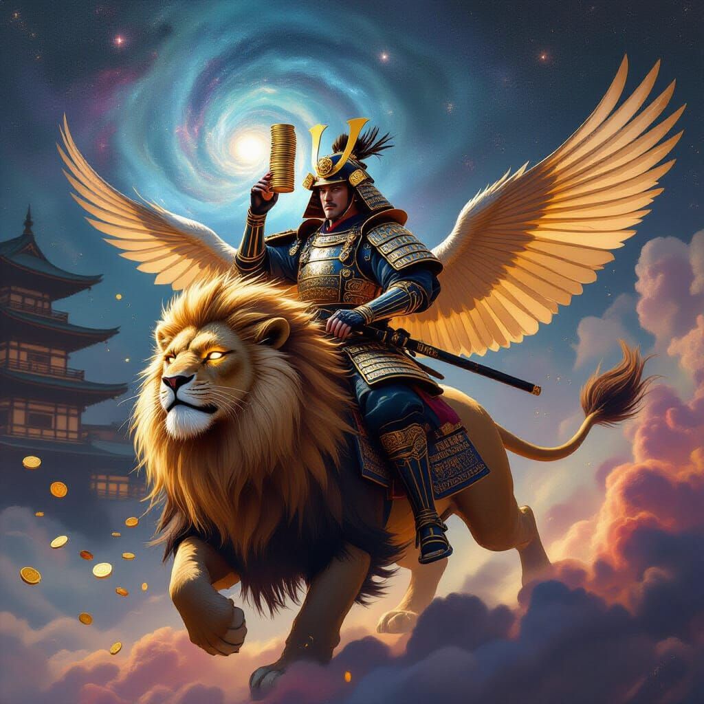 Samurai Balancing Coins on Winged Lion in Nebula