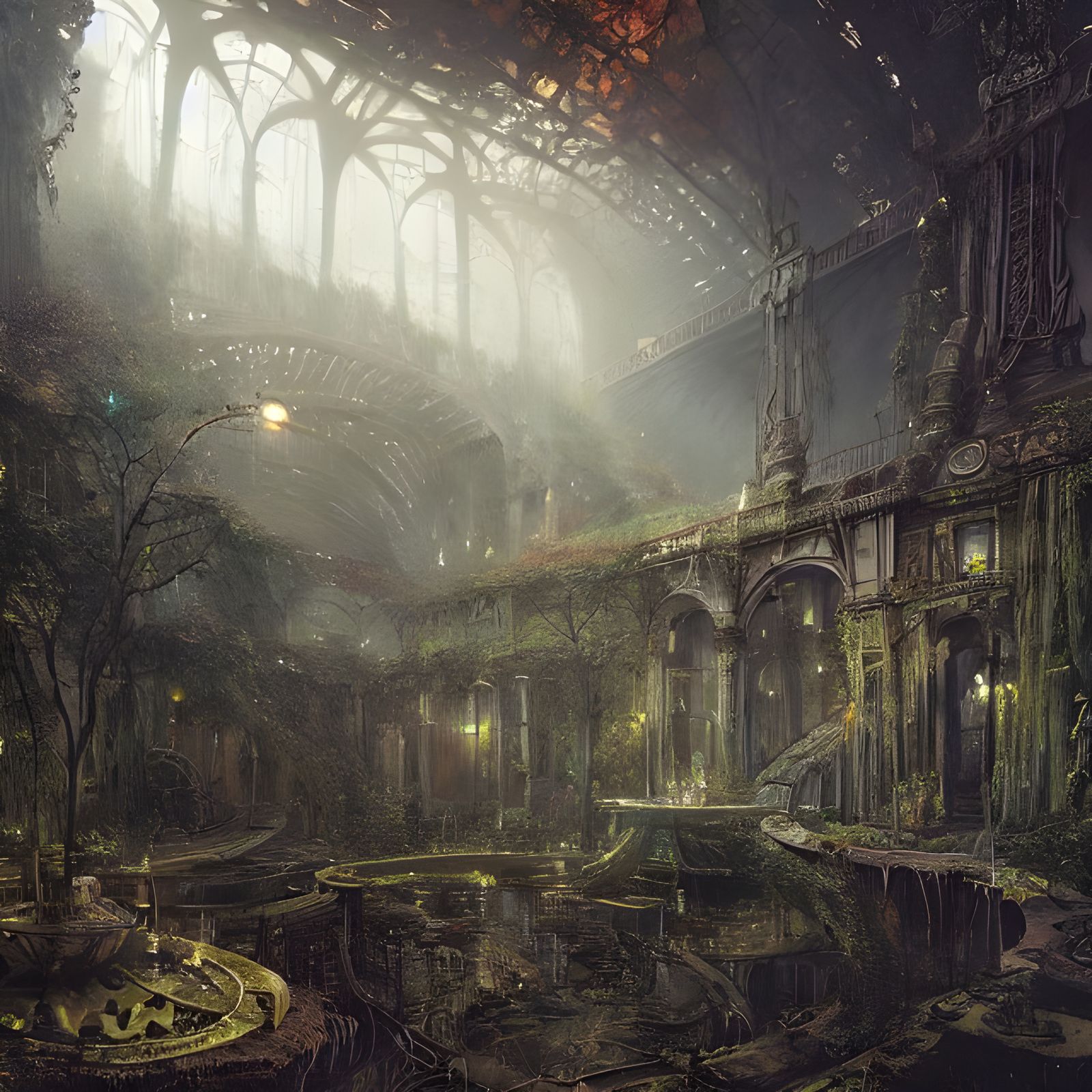 Solarpunk Landscape in Dark Hues and Glowing Color