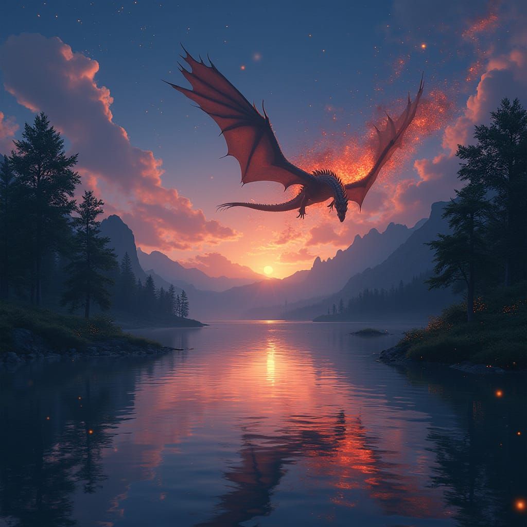 Magical Dragon Soars Across Vibrant Night Sky