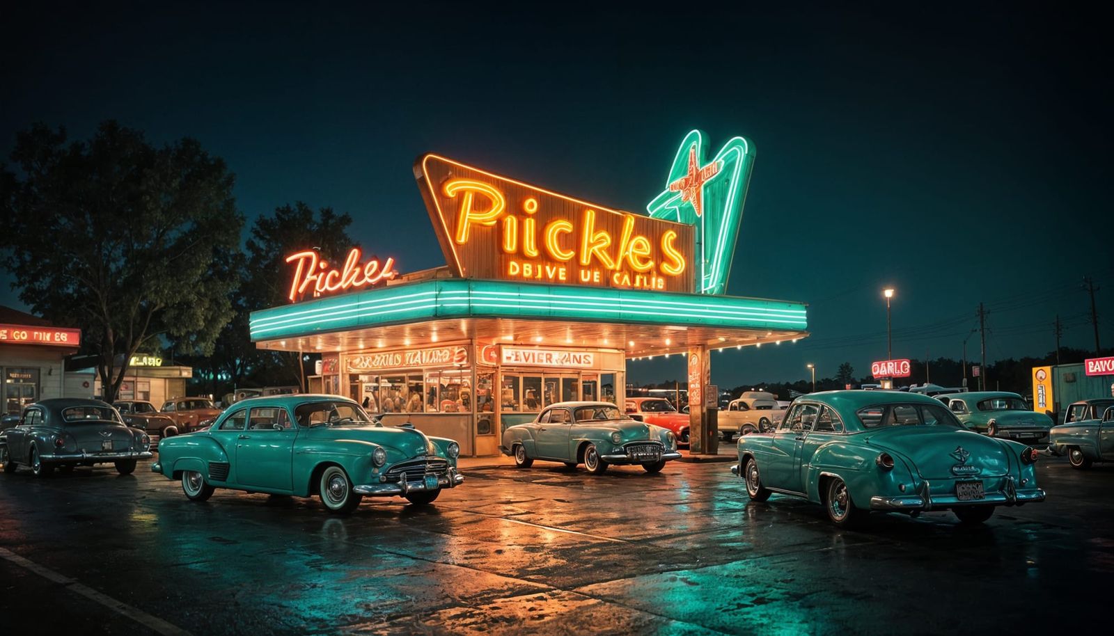 1950s Googie Drive-In Restaurant at Night
