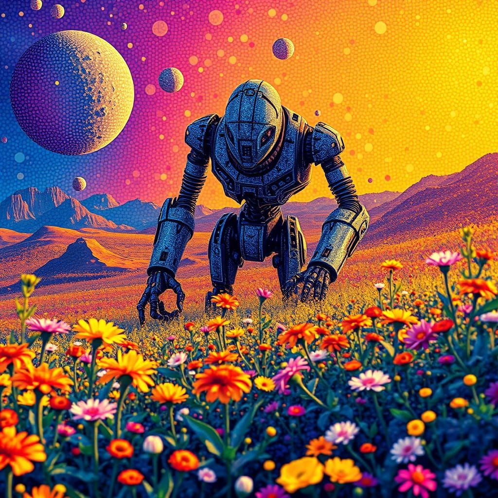 Robot Gardener on Alien Planet in Pointillism Style