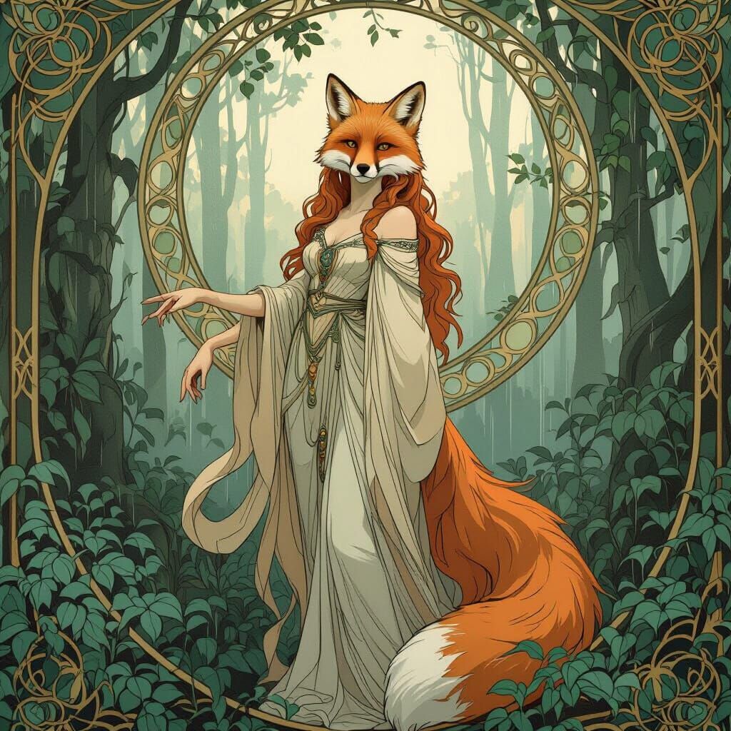 Fox Lady in Rainforest, Art Nouveau Style