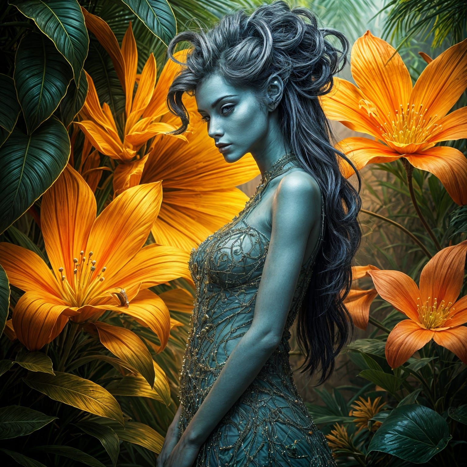 Hyperrealistic Alien Goddess in Lush Jungle