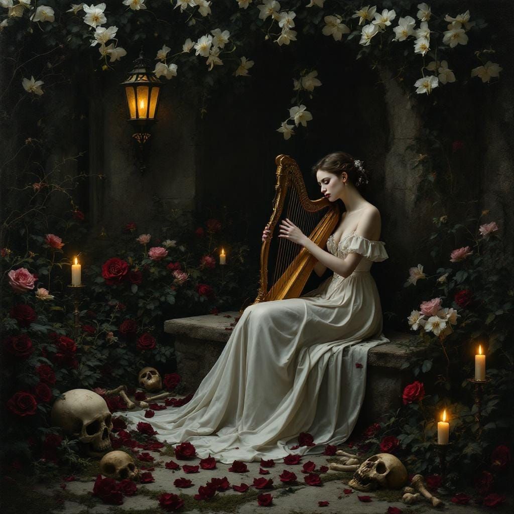 Baroque Garden Scene with Woman Playing Harp