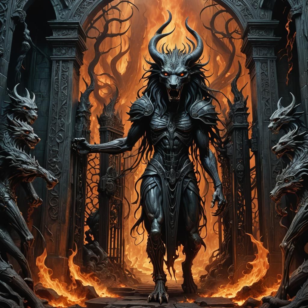 Persephone and Hell Hounds in Dark Fantasy Style