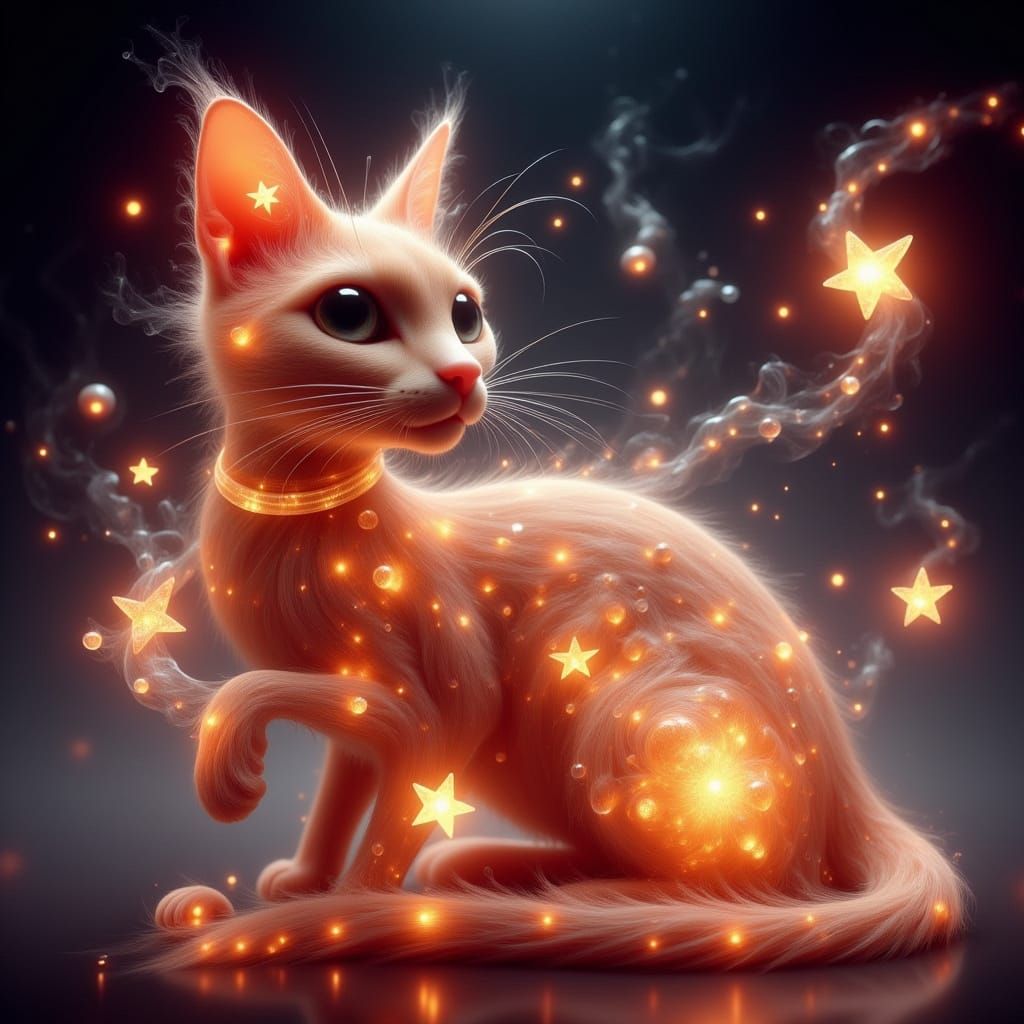 Glowing Cat Licking Star in Dreamy 3D Style