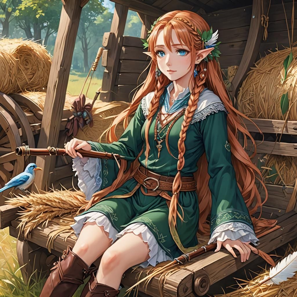 Half-Elf Girl Playing Flute in Anime Style