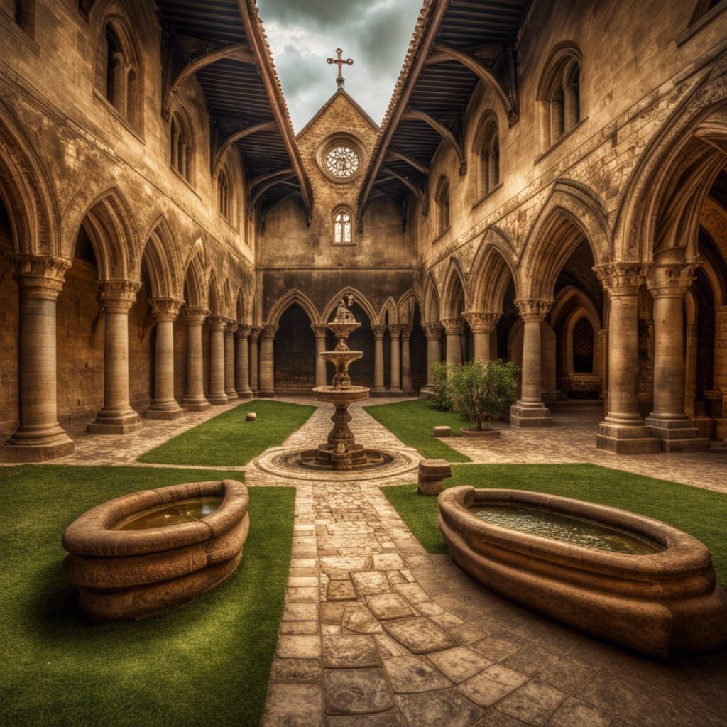 Medieval Monastery Cloister in Romanesque Style