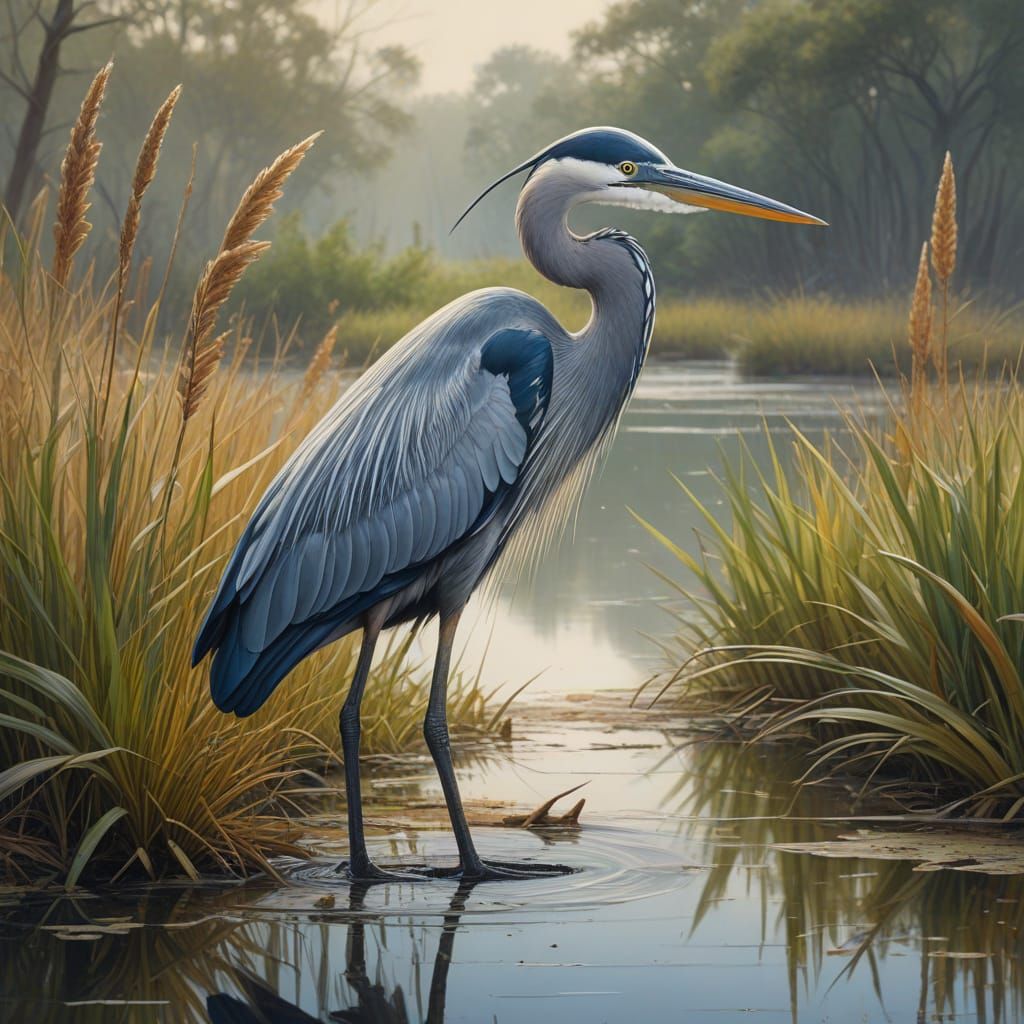 Majestic Great Blue Heron in Indian Ink